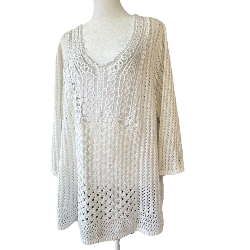 CJ Banks Ivory Crochet Knit Sweater 1X Coastal Boho Swim Coverup Style Beachy